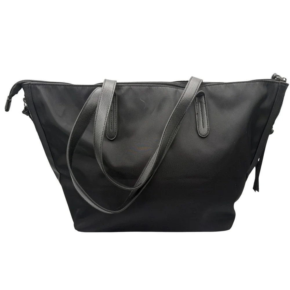 Botkier Tote Bag Womens Large Black Excellent Nylon Leather Trim Zip Top Travel‎